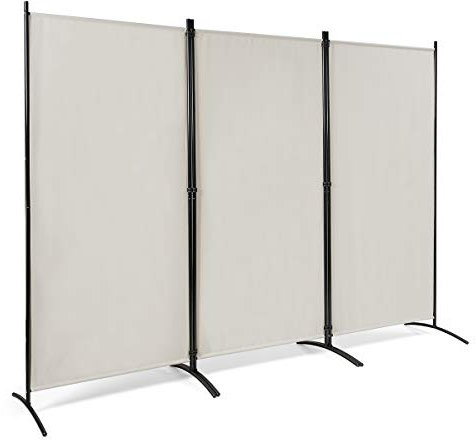 GOPLUS Paravent, Raumteiler zum Sichtschutz, Trennwand aus Stoff & Metall, Undurchsichtige Stellwand, Stabil mit Stützfüßen, Leichtes Verstauen, für Garten Balkon Büro (3-teilig, Weiß)