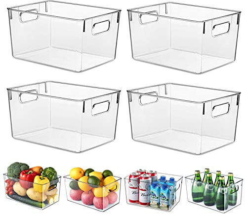 HPYLIF·H Fridge Organiser with Handles, 4 Pack Clear Pantry Organizer Bins, Food Storage Basket for Kitchen, Countertops, Cabinets, Refrigerator, Freezer, Bedrooms, Bathrooms, 29x20x15.5cm