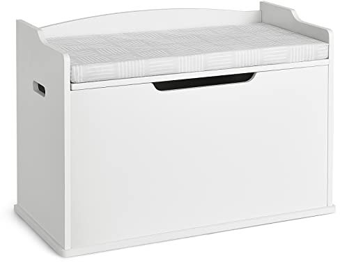 COSTWAY Wooden Toy Box, Kids Bench and Storage Chest with Cushion, Safety Hinged Lid & Handles, Children's Organizer Cabinet for Playroom Bedroom (White)