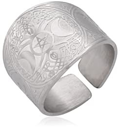 kkjoy Edelstahl Dreifach Mond Göttin Breites Band Ring Keltischer Knoten Baum des Lebens Einstellbare Offene Fingerringe Magischer Talisman Schmuck für Männer Frauen