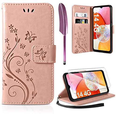 AROYI Lederhülle Kompatibel mit Samsung Galaxy A14 5G/ A14 4G Hülle und Schutzfolie,Flip Wallet Handyhülle Leder Tasche Kartensteckplätzen Schutzhülle Kompatibel mit Samsung Galaxy A14 Roségold