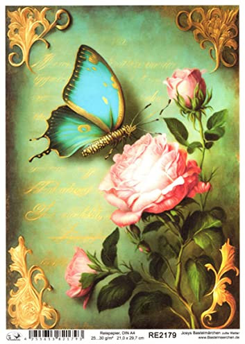 Josys Bastelmärchen Reispapier A4 Strohseide Vintage Gold Patina Blumen Schmetterling Shabby RE2179