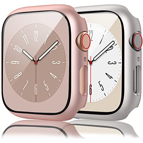 [2 Pezzi] Tobfit Cover per Apple Watch 40mm Series 6/SE/5/4 con Pellicola Protettiva, Custodia Rigida con Vetro Temperato (Rosa+Luce stellare)