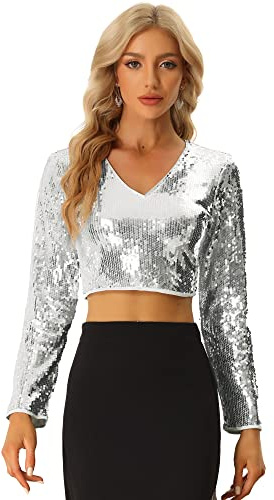 Allegra K Sequin Crop Top for Women Long Sleeve V Neck Sparkly Shiny Party Blouse Shirt Silver XL