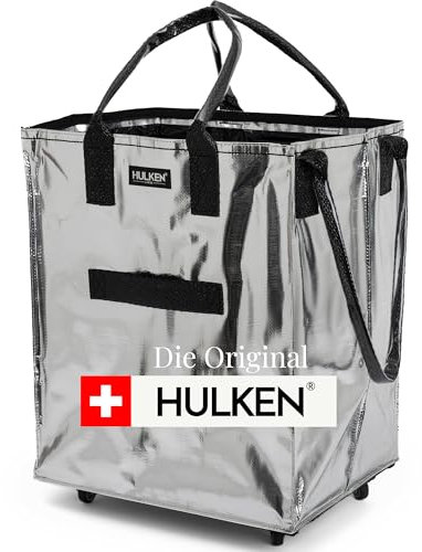 HULKEN - (Große, silberne) wiederverwendbare Einkaufstasche auf Rädern. Der Einkaufswagen trägt bis zu 30 kg. Der klappbare Einkaufstrolley hat robuste Griffe und Reißverschluss, ist flach und faltbar