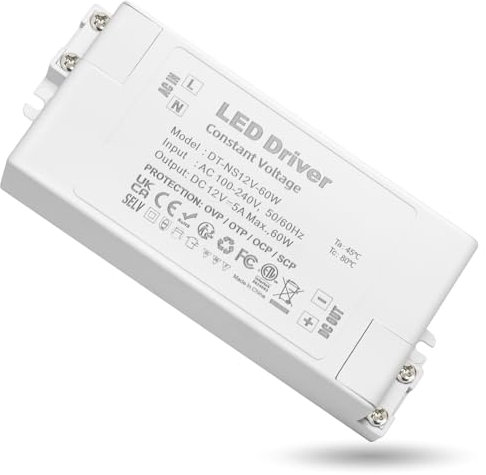 Transformateur 220V 12V LED 60W, alimentation 12v 60w 5A, Ultra Fin Plat Sans Scintillement, Transfo AC à DC, convertisseur 220v 12v, pour Bandes Leds, Lampes LED, Projecteurs Enfoncés