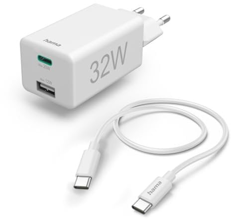 Hama Schnellladegerät, 2 Ports, mit Ladekabel, 32W (USB A, USB C, Quick Charge, Power Delivery, USB Ladegerät, für Handy, AirPods, Tablet etc., Ladekabel Typ C Ladegerät, Mehrfach Ladeadapter) weiß