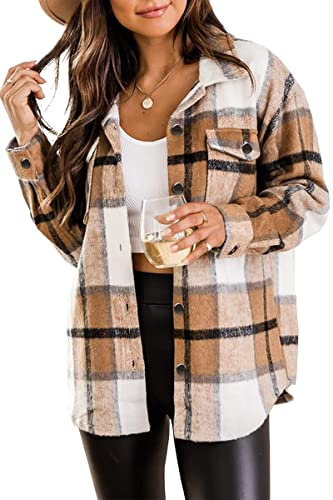 Timuspo Women's Checked Flannel Shirts Shacket Ladies Long Sleeve Plaid Blouse Jacket Winter Chequered Coat Tops Khaki