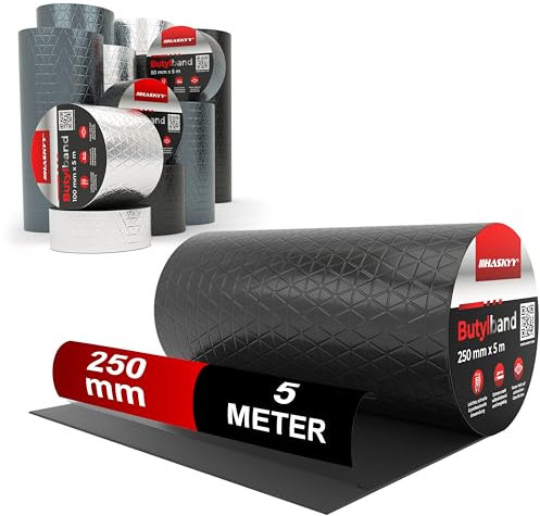 Wasserdichtes Klebeband Butylband I 25cm*5m Schwarz hochwertig selbstklebend mit Aluminiumfolie I Butyl-Tape alterungsbeständig korrosionsbeständig UV-beständig