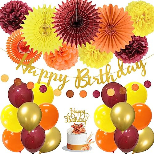Autumn Harvest Fall Decorations - Burgundy & Orange Paper Fans, Balloons, Pom Poms, Happy Birthday Banner for Thanksgiving Party Decor
