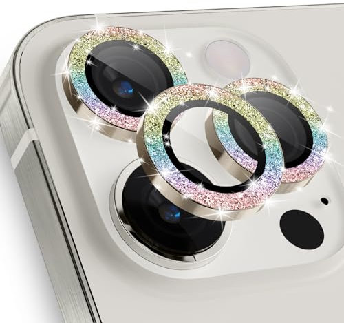 imluckies für iPhone 15 Pro - iPhone 15 Pro Max Kameraschutz, Glitzer Aluminiumlegierung & 9H Gehärtetes Glas HD Klar Kamera Linse Schutzfolie, Glitter Bunt