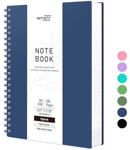 RETTACY Notizbuch A4 Gepunktetes, Bullet Dot Journal, Spiral-Notizbücher 300 Blatt/150 Seiten zum Schreiben, 100gsm, PVC Hardcover, für Frauen Männer Arbeit Büro Schule, 21.5 x 27.9cm - Marineblau