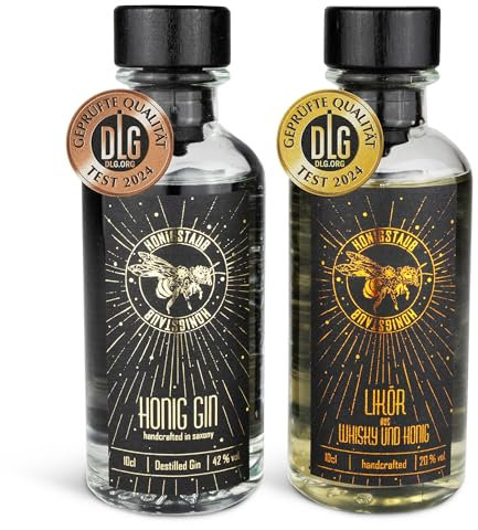 HonigStaub Set aus Whisky Likör & Honig Gin je 100 ml/Honig Whisky mit Vanille/Besonderer Gin aus Sachsen/Whiskey Likör aus Sachsen - ausgezeichnet von DLG und den Craft Sprits Berlin Awards