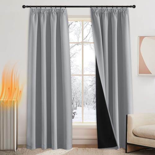 PONY DANCE Thermogardine Wärmeisolierend Doppellagige Lichtundurchlässige Gardinen mit Kräuselband 2er Set H 245 x B 140 cm Blackout Curtains for Living Room Verdunklungsvorhänge, Silbergrau