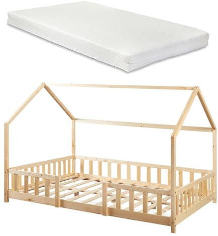 [en.casa] Kinderbett Sisimiut mit Matratze 120 x 200 cm Hausbett Montessori mit Rausfallschutz Holzbett für Kinder Bodenbett Lattenrost Kiefernholz Holzfarben