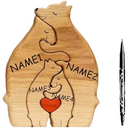 Personalisiertes Holzkunstpuzzle der Bärenfamilie mit 1-8 Namen, We Are One Holz Bär Tier Skulpturen Desktop Ornament Heim Tischdekoration Ideen für Weihnachts Jubiläum Geburtstag