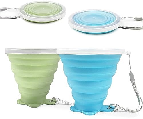 FUZVOL Silicone Foldable Mug with Lid for Camping,2 Pack Collapsible Silicon Cup for Travel,BPA Free Portable Drink Mugs Reusable Cups Retractable Mugs for Outdoor Hiking (Blue+Matcha Green)