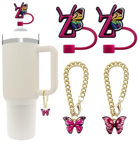 Velaco 4 PCS Butterfly Initial Letter Straw Covers and Butterfly Charm Accessories with Chains for Stanley 20 30 40 oz Tumbler with Handle