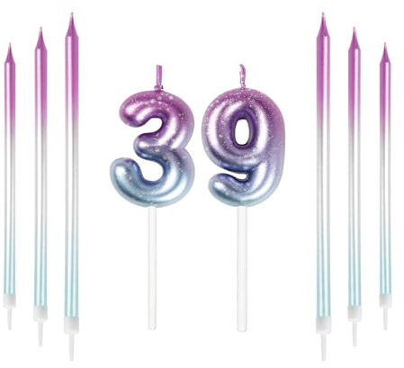 Mciskin 39th Birthday Number Kerzen Dekorationen Bunte 39 Kerze mit Rosa Lila Lange Kerzen Kuchen Kerzen Kuchen Topper Dekorationen für Jungen Mädchen Männer Frauen Geburtstagsfeier Hochzeit Jubiläum