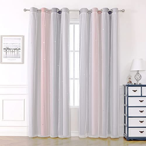 KAHEAUM Lot de 2 rideaux occultants à œillets en voile thermique pour salon, chambre d'enfant, chambre d'enfant, fille, 132 x 160 cm, blanc étoilé, rose et gris
