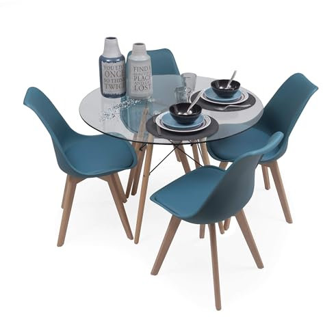 Homely - Conjunto de Comedor Tower 90 Day Cristal Mesa de Cristal Redonda de 90 cm y 4 sillas Day (Turquesa)