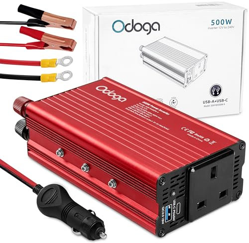 Odoga 500W Power Inverter 12V to 240V – Car Plug Adapter to UK Plug Socket, DC to AC Wall Outlet 3 Pin Plug, USB-A & USB-C Charger Ports for Laptop, Mobile Phones, Tablets, Consoles & More