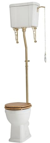 MILANO High Level Cistern Toilet Brushed Brass Flush Kit Oak Effect Seat | Ceramic & Brass Construction. Engineered Wood Seat. Traditional Style. High Level Cistern Design. Ceramic Pull Chain Handle.