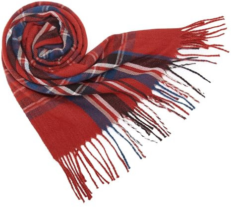 Bufanda Larga de Pashmina Cuadros para Mujer - Suave, Cálida y con Flecos para Invierno (Rojo)