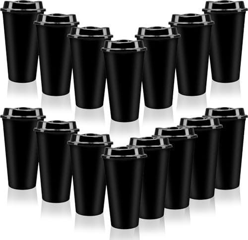 YFNVH 15 Pack Black Reusable Coffee Cup with Lid, 450 ml Plastic Tumbler Travel Mug Cup Bulk, Leak Proof, Spill Proof, Iced Coffee Cup Water Bottle for Hot and Cold Drinks