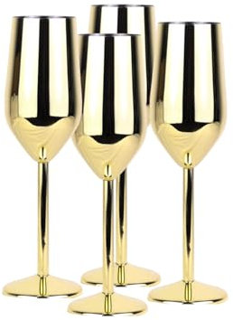 Laurie's Pub and Bar Accessories Set of 4 Stainless Steel Champagne Glasses | 220ml | Unbreakable Champagne Flutes (Gold)