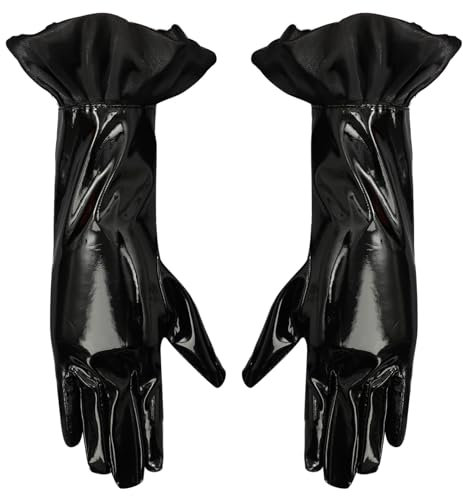 Jugaoge Damen Glänzende fingerlose/Vollfinger Handschuhe lange/Kurze Lederhandschuhe Gothic Punk Armstulpen Gogo Tanz Outfits Motto Party Clubwear Schwarz 1 M