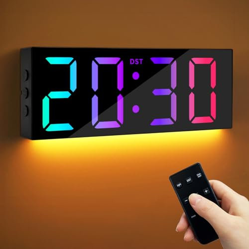 Maxstar 12'' Large Digital Wall Clock with Remote Control, Big LED Screen Display, 8 RGB Color, DST, Modern Night Light Desk Clock Decor for Living Room,Bedroom,Office, Classroom, Study Room- Black