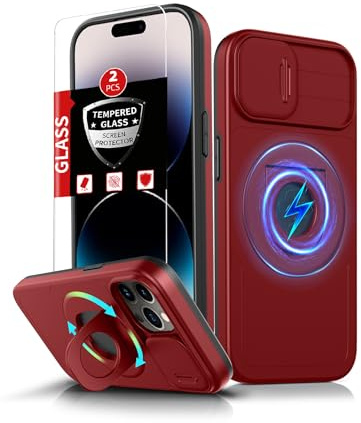 FRLMOOES for iPhone 14 Pro Case Magnetic,with Kickstand Ring + Camera Cover | Compatible with MagSafe Wireless Charging,with 2 Screen Protectors,Anti-Scratch Shockproof Heavy Duty Protection Phone,Red