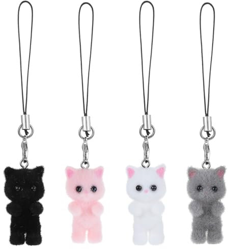 4Pcs Cat Phone Charms Y2K Fluffy Cell Phone Keychain Cat Mobile Phones Pendant for Bag Backpack Keychain Camera Pendants Decor