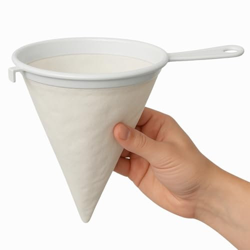 CHEFZOCO Colador de Cocina Multiuso de Tela, Colador kefir, Utensilio para colar cafe, Filtro Eficiente para Aceite y Jugos, Mango de plástico, Con 2 ganchos de sujeción, Diámetro del colador 16 cm