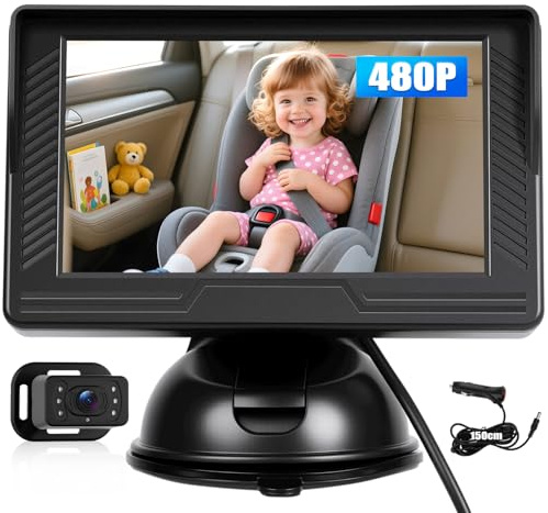 CAMECHO Voiture Miroir Bébé Siège Arrière 4.3 Pouces Moniteur De Voiture Siège Arrière Caméra Grand Angle Vision Nocturne 360° Réglage Angle + Installation Facile