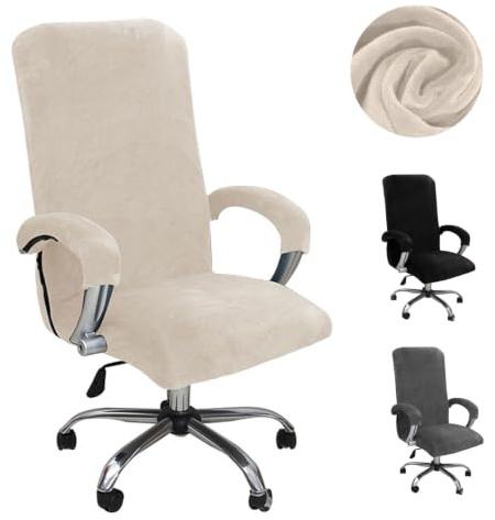 bechoanigel Samt Bürostuhl Bezug, Elastische Bürostuhl Überzug mit Armlehne Stretch, Abnehmbare Waschbare Gaming Stuhl Bezug, Hohe Lehne Office Chair Cover,Sitzbezug Bürostuhl für Drehstuhl (Beige)