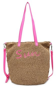 JFY Long Handle Woven Straw Bucket Beach Bag
