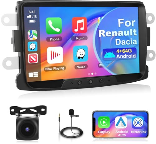 Motorsi 4+64G Carplay Autoradio für Dacia Duster Sandero 2010-2015 Logan Dokker 2012 mit Android Auto, 8 Zoll Touchscreen GPS Navi/WiFi/FM/RDS/SWC/Canbus/BT/EQ+AHD Kamera + Rückfahrkamera