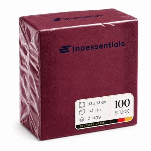 Inoverse Servietten Bordeaux 33x33 cm 100 Stück, Papierservietten | 2-lagig 1/4-Falz einfarbig, Einwegservietten, für Hochzeit, Buffet, Party, dekorative Tischservietten für Gastronomie