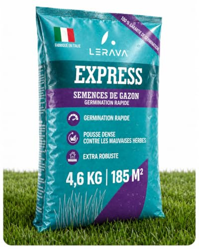 LERAVA® EXPRESS semi prato crescita rapida (185m²) - Semina resistente al calpestio - Sementi per prato soleggiato e mezz’ombra - Semi per un giardino verde fitto - 4,6kg