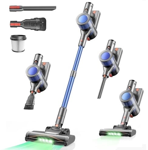 Dzaki Aspirapolvere Senza Fili 50KPa/55Min, Scopa Elettrica con Luce LED Verde, Spazzola Antigroviglio, Display LED, Autoportante, HEPA 5 Stadi, 2,7kg per Pavimenti/Tappeti/Peli Animali (Blu)