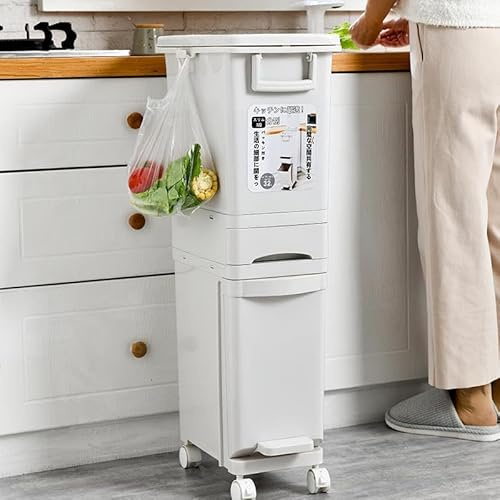 Livhome 32L White Recycling Pedal Bin 4 Compartment Waste Bin Double Decker Garbage Can with Wheels Vertical Separation Kitchen Office Space Saving Design