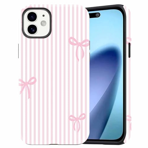 Dahimomo Summer Cute Phone Case for iPhone 12/iPhone 12 Pro 6.1, 2-in-1 Girly Aesthetic Striped Bow Design Pattern, Camera Lens Protective Shockproof Bumper Slim Cover for Girl Women, Pink