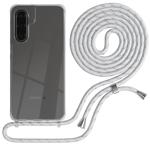 EAZY CASE Handykette kompatibel mit Galaxy A17 Handyhülle mit Umhängeband, Handykordel mit Schutzhülle, Silikonhülle, Hülle mit Band, Stylische Kette für Smartphones, Weiß/Silber