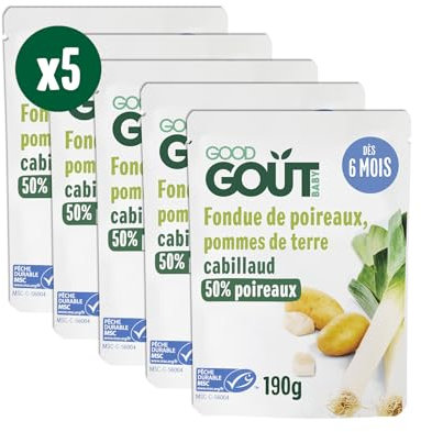 GOOD GOÛT - Fondue de Poireaux Pommes de Terre Cabillaud - Plat cuisiné pour Bébé - Dès 6 mois - Purée - Fabriqué En France - Sachets Micro-Ondables - 5x190g