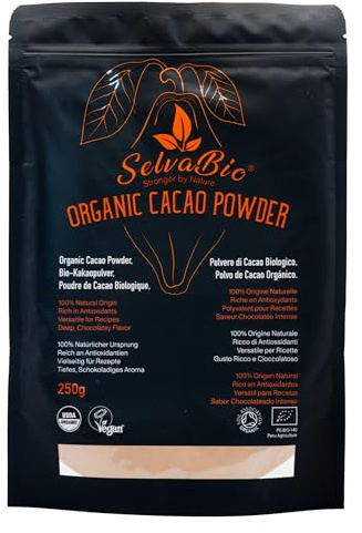 SelvaBio Organic Cacao Powder, Raw & Non-Alkalised, Single Origin Peru, Unsweetened, Low Cadmium, Vegan, Gluten Free, for Smoothies, Baking & Hot Chocolate, 250 g