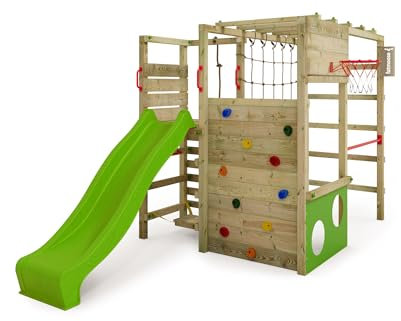 FATMOOSE Spielturm Klettergerüst ActionArena Air mit apfelgrüner Rutsche, Outdoor Kinder Kletterturm mit Leiter, Basketballkorb & Spiel-Zubehör für den Garten