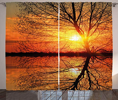 ABAKUHAUS Herbst Rustikaler Vorhang, Blick auf den Sonnenuntergang mit Bäumen, Wohnzimmer Universalband Gardinen mit Schlaufen und Haken, 280 x 225 cm, Schwarz Orange