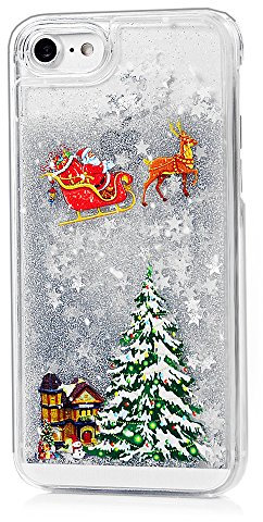 Unichthy Xmas Case for iPhone SE 2022 5G / iPhone SE 2020 / iPhone 8 / iPhone 7 Case Clear Phone Cover Christmas for Girls Flowing Liquid Glitter Covers Sparkly Stars Bumper Fun Back Case Silver